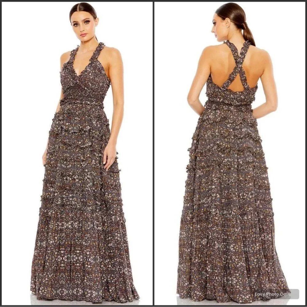 Mac Duggal 8023 Cross Back Floral Print Evening Dress